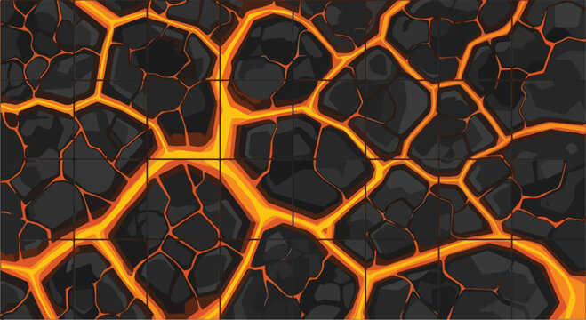 Molten lava texture with glowing magma cracks, volcanic rock background vector, seamless hot stone pattern for game design and fantasy environments
