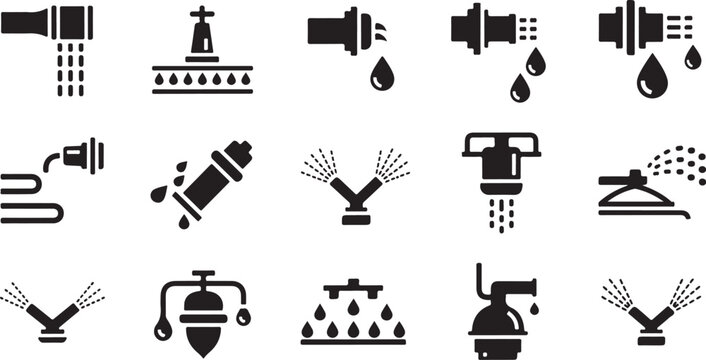 Black and white icons of water sprinklers spraying