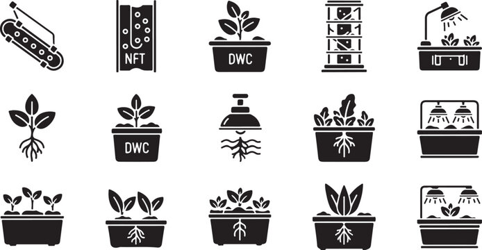 Hydroponic system icons for plant growth and cultivation