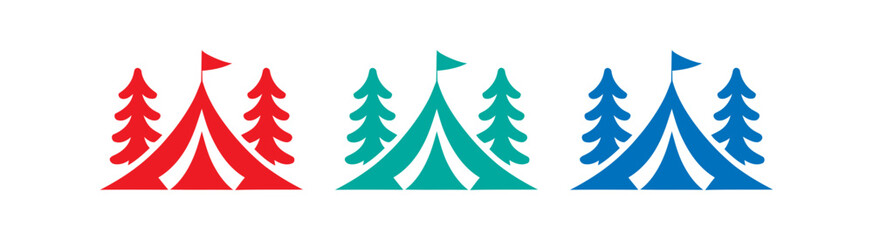 Obraz premium Three tent icons with pine trees
