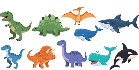 Cute Dinosaur and Marine Animal Character Set Featuring T-Rex Stegosaurus Triceratops Whale Shark and Orca for Children Education and Prehistoric Sea Life Design © mdferozhossain
