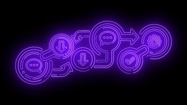 Neon purple flowchart diagram with glowing icons on a black background.