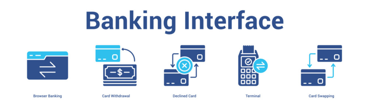 Banking Interface web banner icon set vector illustration concept for business with icon of Browser Banking, Card Withdrawal, Declined Card, Termin.