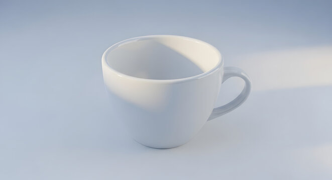Clean empty white ceramic coffee mug or teacup with a handle, casting soft shadows on a bright white background.