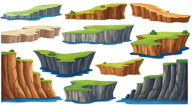Floating island game assets, cartoon rock cliff landscape set, 11 vector nature platforms for mobile gaming and level design