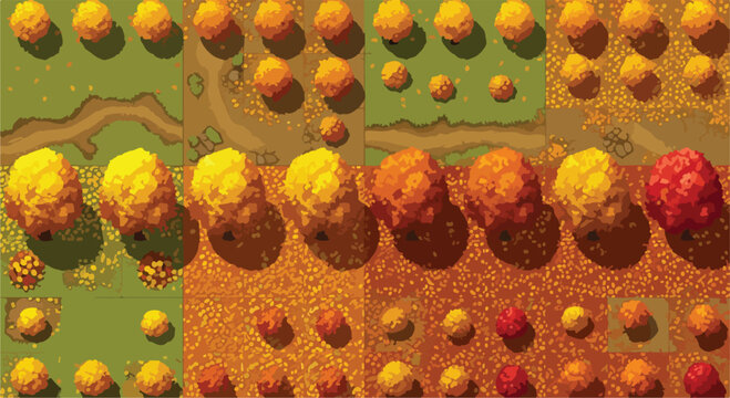 Autumn forest landscape vector tiles, top down pixel art game assets, isometric fall trees and nature environment for level design