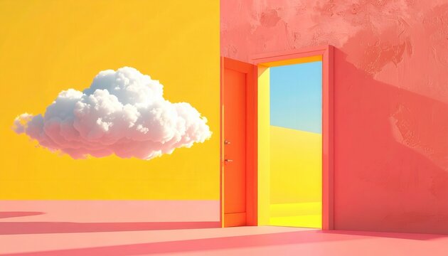 Cena on&iacute;rica surreal com nuvem flutuante em fundo rosa e amarelo com porta aberta revelando paisagem brilhante