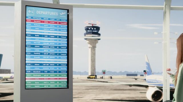 Worried passengers after announcement of all flights cancelled, with travelers reacting in panic and frustration. Terminal with grounded airplanes, postponed departures highlights travel disruption.