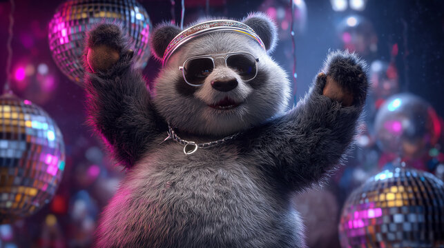 Chubby Cool Anthropomorphic Panda Dancing with Sunglasses Headband and Chain in Disco Party