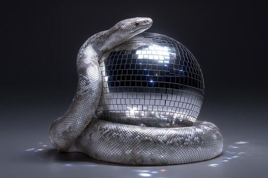 Majestic Albino Python Coiled Around Shiny Silver Disco Ball Dramatic Studio Lighting