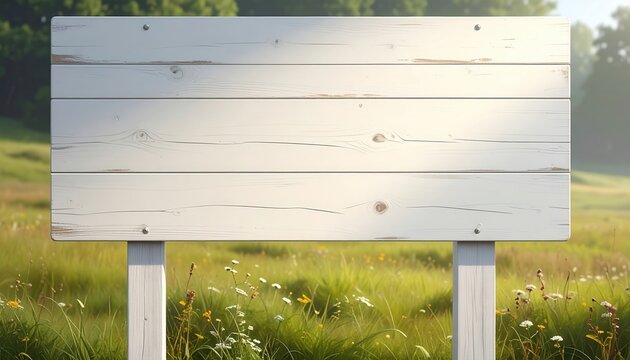Wei&szlig;es rustikales Holzschild auf einer sonnigen Wiese f&uuml;r Au&szlig;enwerbung oder individuelle Nachrichten