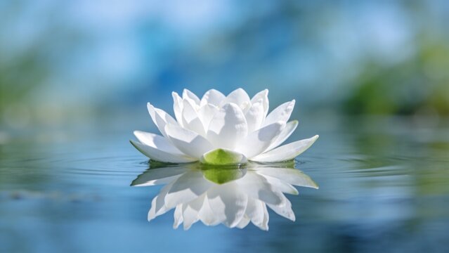  is a serene, close-up photograph of a single white water lily floating on a calm body of water. The composition is centered, with the flower occupying the middle