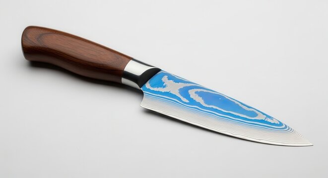 Damasco Chef Knife with Blue Patterned Blade and Wooden Handle