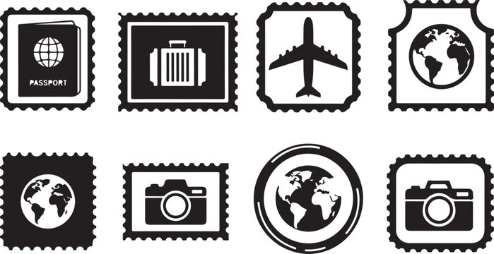 Travel and photography stamp icons in black