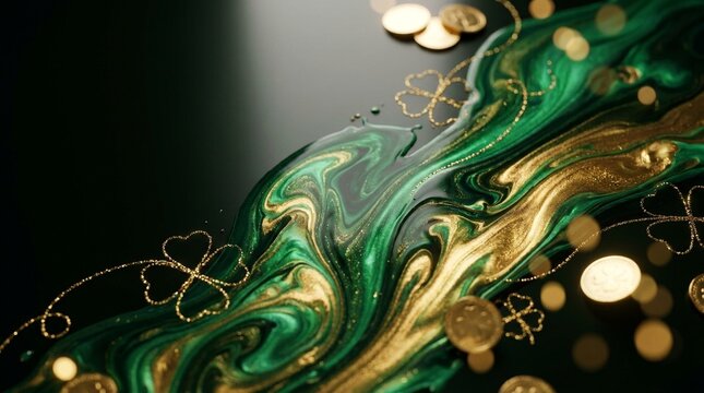 Elegant St Patrick's Day background with emerald gree and gold liquid ink splas and clover glitter