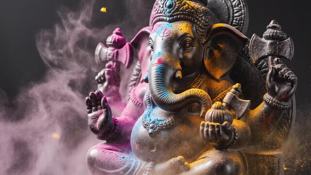 The vibrant Ganesha statue sits majestically amidst pink smoke, displaying colorful paint and intricate details in a dark environment.