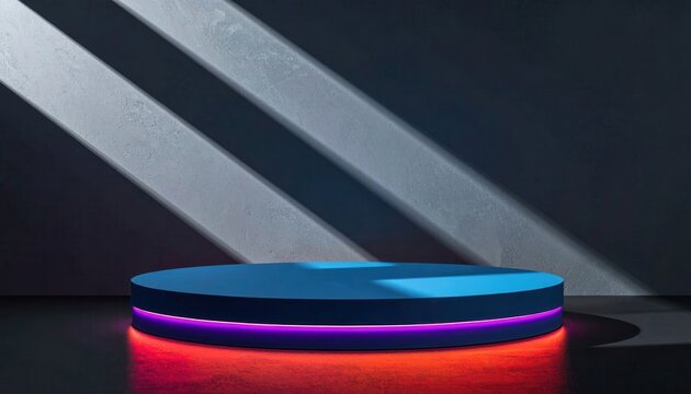 Plataforma azul minimalista con iluminaci&oacute;n ne&oacute;n y sombras abstractas en escenario futurista