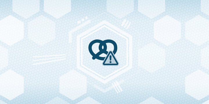 Abstract background featuring a pretzel icon overlaid with a caution warning symbol, represented in a modern digital graphic style for food safety or dietary alert concepts