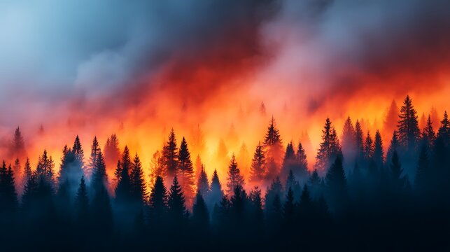 A fierce wildfire engulfs a dense forest, with towering flames and thick smoke blending into a fiery sky.