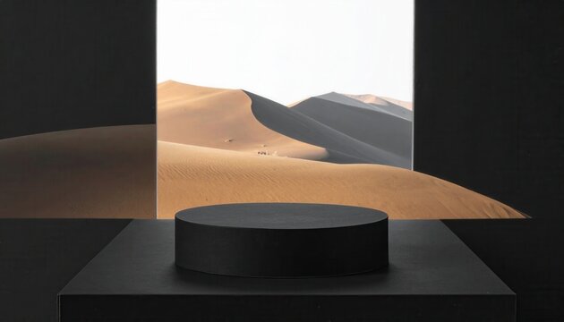Exhibidor cil&iacute;ndrico negro minimalista frente a un paisaje de dunas de desierto con sombras doradas