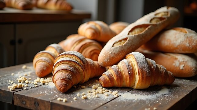 Assorted Bread and Pastries on Wooden Table with Flour Dust, Cozy Bakery Atmosphere