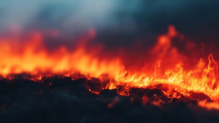 Obraz premium Intense flames engulf a dark surface, creating a vivid display of fire and heat with glowing embers and smoky background.