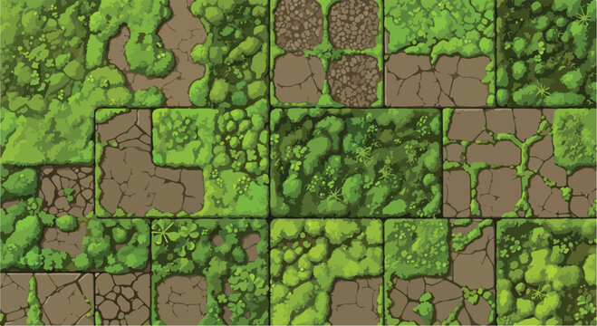 Top-down game tileset with green moss and cracked earth, seamless nature textures for level design, organic terrain map elements for video games