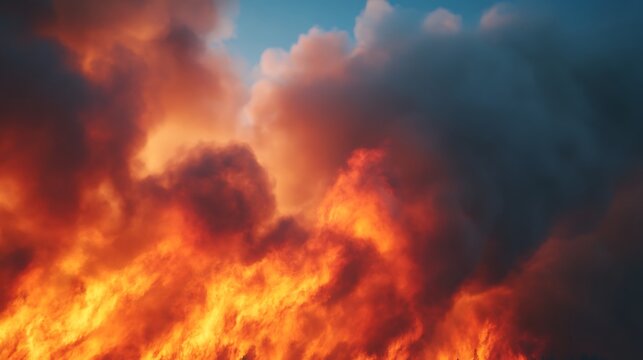 Intense wildfire blazing with bright orange flames and thick dark smoke rising into a cloudy blue sky.
