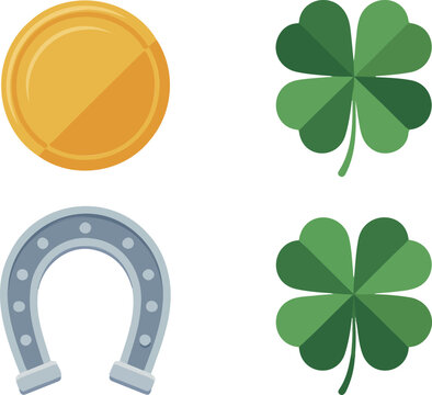 Flat minimalist illustration of St Patricks Day symbols coin clovers horseshoe arranged in 2x2 grid on white background