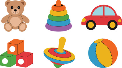 Obraz premium Colorful children toys set with teddy bear blocks car stacking rings spinning top beach ball grid layout