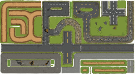 Top-down road map construction kit, modular asphalt and dirt track tiles, aerial view city street elements for game design and navigation layout © line art stcoker.com