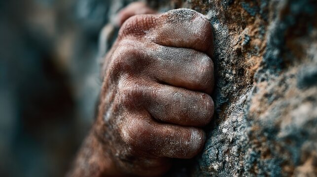 A climber's hand grips a textured rock face, detail view