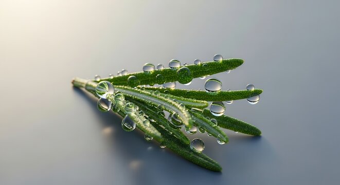 Rosemary Sprig with Water Droplets, Macro, Fresh Herb, Green Leaves, Natural Light