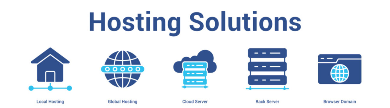 Hosting Solutions web banner icon set vector illustration concept for business with icon of Local Hosting, Global Hosting, Cloud Server, Rack Serv.