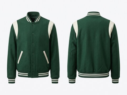Dark Green Varsity Letterman Jacket Mockup with White Accents, Front and Back View, Classic Bomber Style Sportswear Template Isolated on White Background