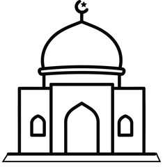 Fototapeta premium Minimalist black and white outline vector illustration of a mosque with dome and crescent moon symbol, Islamic religious architecture icon isolated on white background.