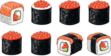 Japanese sushi rolls set with salmon and red caviar toppings isolated on light background traditional food vector illustration collection © Yevhenii creative