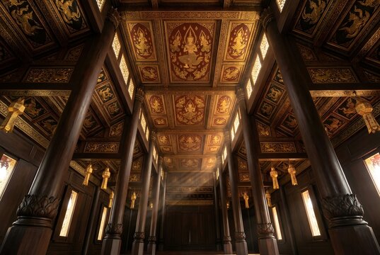 A majestic interior low-angle looking-up perspective inside a traditional Thai ordination hall (Ubosot), showcasing an elaborately painted coffered ceiling with celestial Devata figures.