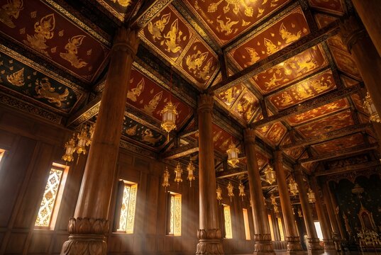 A majestic interior low-angle looking-up perspective inside a traditional Thai ordination hall (Ubosot), showcasing an elaborately painted coffered ceiling with celestial Devata figures.