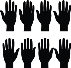 Obraz premium Set of black human hand silhouettes raised up, collection of open palms and fingers symbols for voting, volunteering, teamwork, and community support isolated on white background.