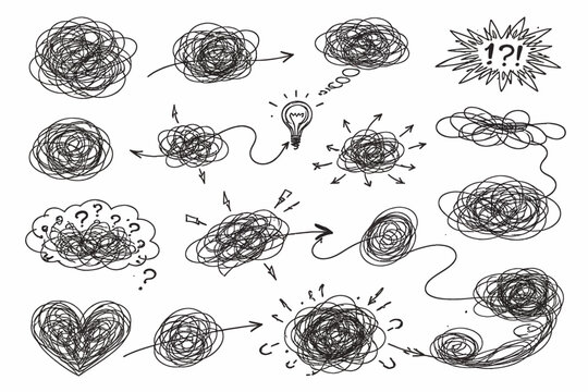 Set of scribble chaos line. Messy, tangled, chaotic knot , hand drawn doodle pen style vector illustration