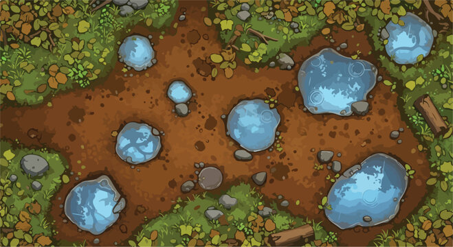 Fantasy forest battle map vector, top down view of muddy ground with blue water puddles, swampy woodland terrain for tabletop rpg gaming