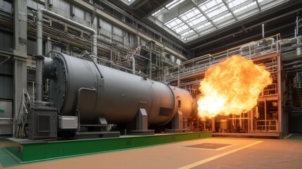 Naklejka premium Inside an Industrial Building with Large Equipment and Flames Erupting from Machinery in a Modern Setting
