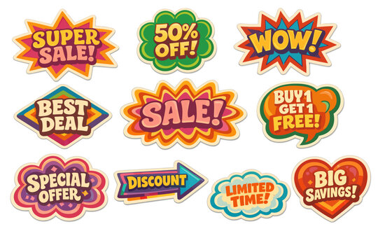 Funky colourful badges, wavy starburst frames, geometric patches and vintage comic shapes vector design