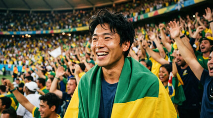 Fototapeta premium Smiling person with green and yellow flag over shoulders fan scene .joy pride support and festive energy in vibrant sports atmosphere moment.