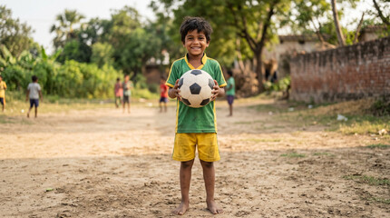 Obraz premium Smiling child wearing green and yellow holding soccer ball scene .joy innocence sports passion and national pride in playful moment concept.