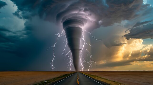 Powerful tornado storm with lightning over open road