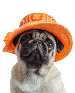 Cute pug dog wearing an orange straw hat looking up curiously.