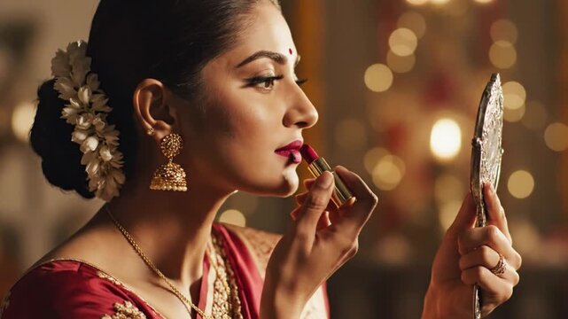 Woman in traditional Indian attire applying lipstick while looking at mirror indoors.