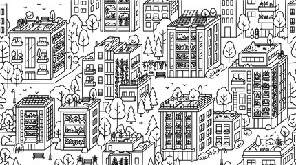 Fototapeta premium Cityscape illustration with buildings and trees